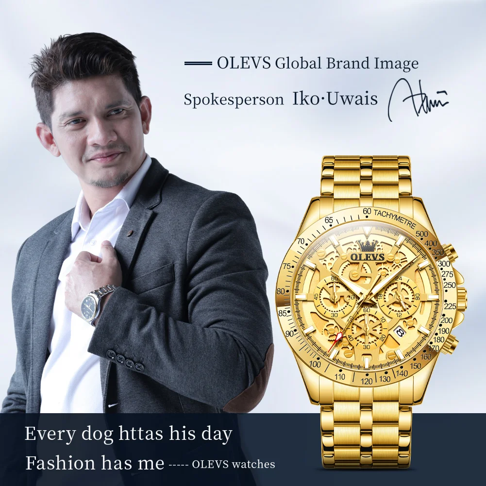 OLEVS orologio al quarzo di marca originale da uomo quadrante scavato design cronografo impermeabile in acciaio inossidabile orologio da uomo in oro di nuova moda