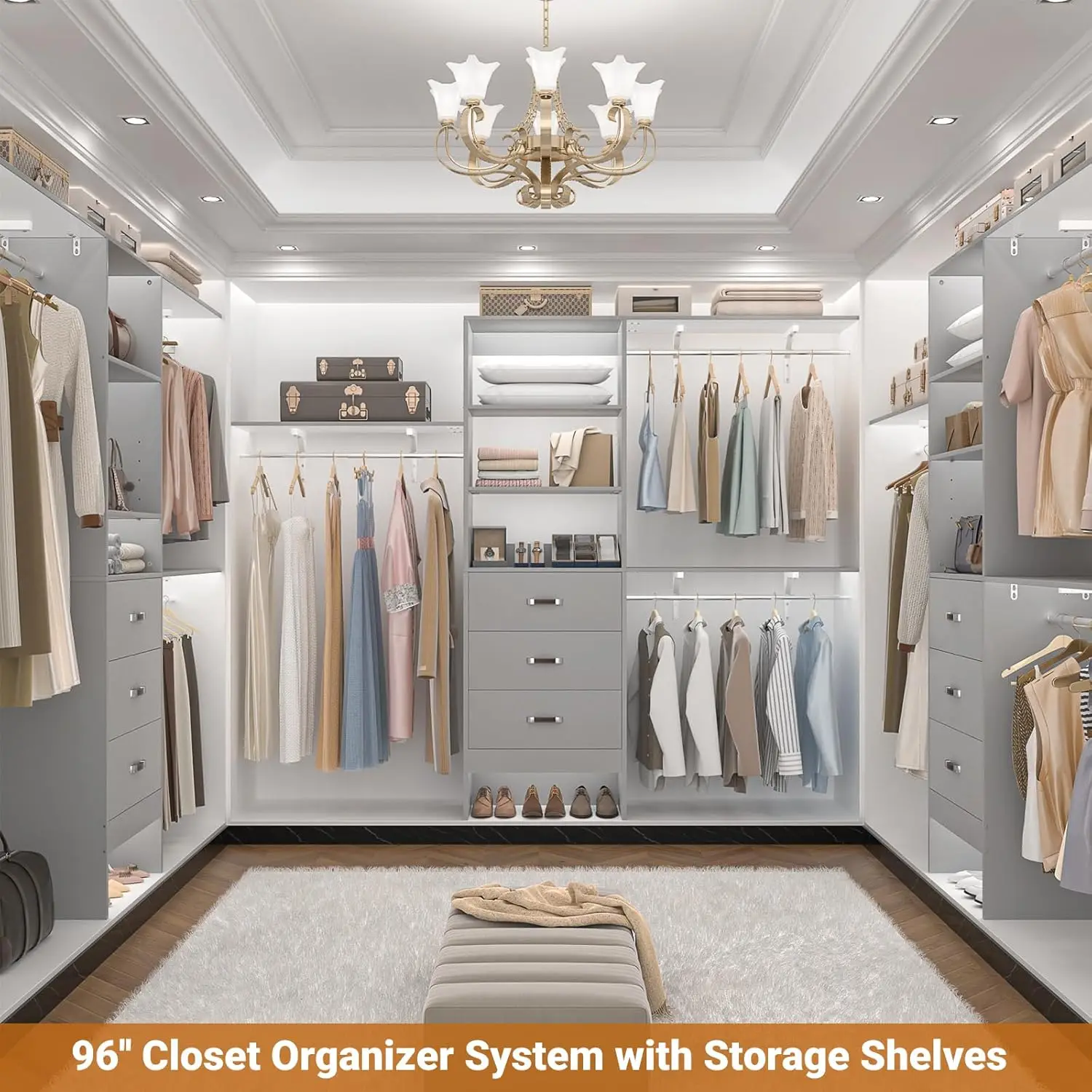 96 inch Closet System with 3 Wooden Drawers, Closet Organizer System with Storage Shelves Cutable