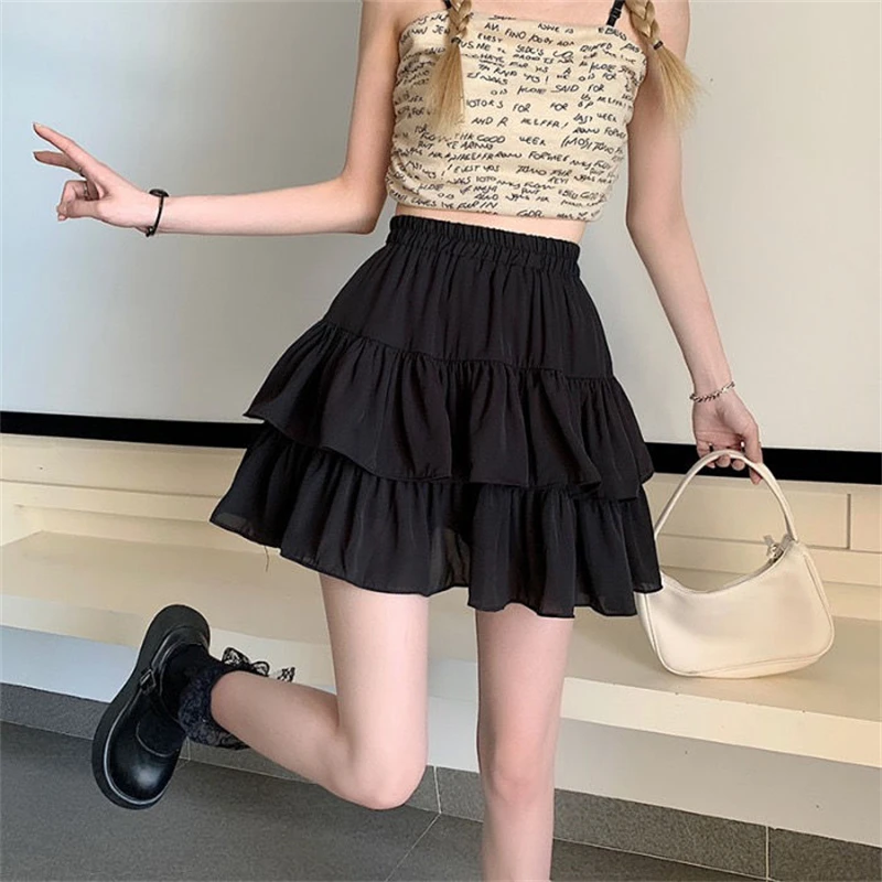 2024 Summer Women Trendy Double Layer Ruffle Sexy Mini Skirts Female Y2K Solid High Waist Cute Sweet Fairy Pleated A-line Skirt