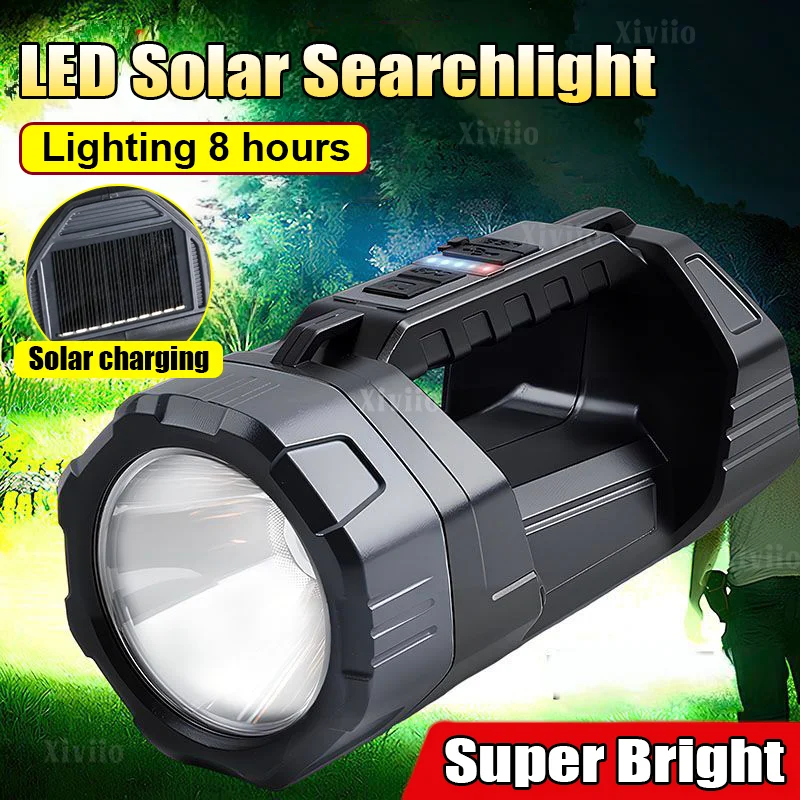 New LED Solar Searchlight Outdoor Long Range Flashlight Strong Light Torch Solar+Type C Rechargeable Flashlight Camping Lighting