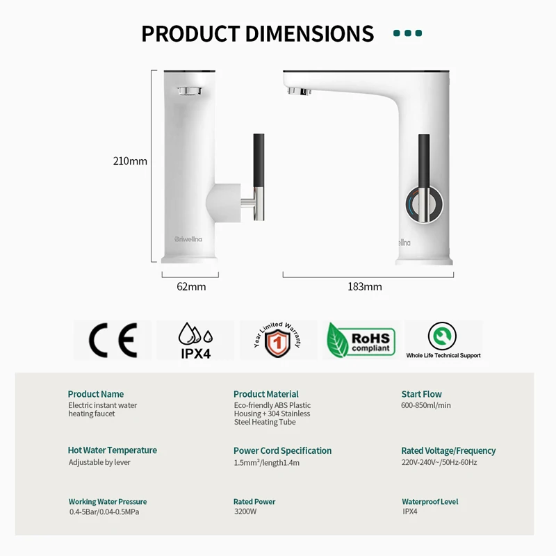 Robinet chauffe-eau électrique 3200W, 220V, sans réservoir, pour la cuisine