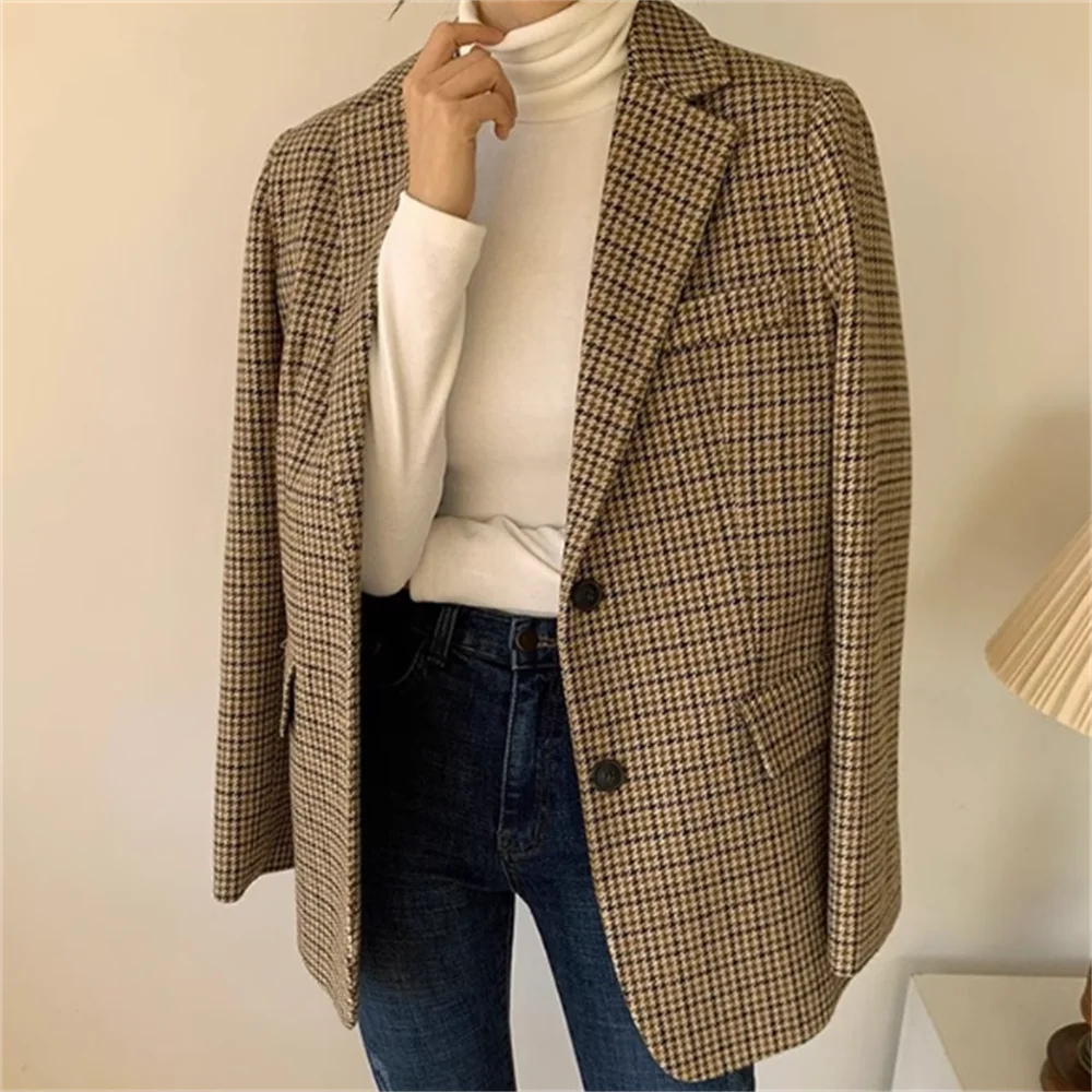 

New fashionable long-sleeved plaid suit blazer retro loose casual suit OL jacket