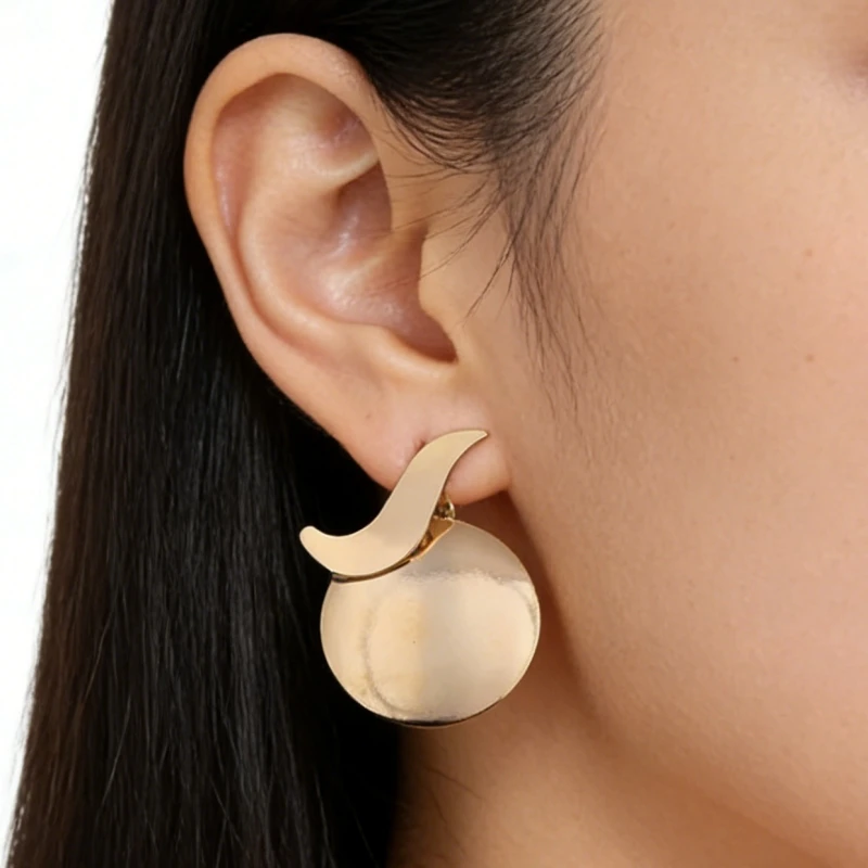 New Irregular Women's Dangle Earrings Wave Top Gold Color Metal Round Piece Pendants Exaggerated European Ear Jewelry