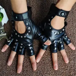 Unisex Fingerless Driving PU Leather Gloves Motor Cool Rivet Sexy Disco Dancing Rock and Roll Black Red White Punk Glove