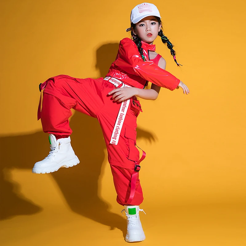 2021 Jazz Costume Girls Hip Hop Dance Clothes Cool Leather Tops Overalls Pants Red Stage Performance Outfit For Kids Wear BL5891