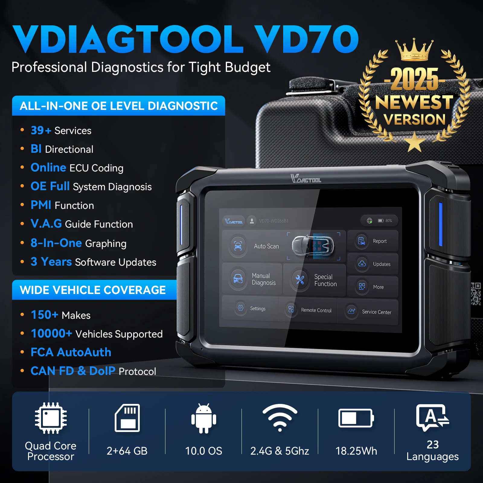 2026 VDIAGTOOL VD70 39+ Services Automotive Scanner ECU Coding Key Programmer CAN FD/DOIP/FCA Active Test Car Diagnostic Tools
