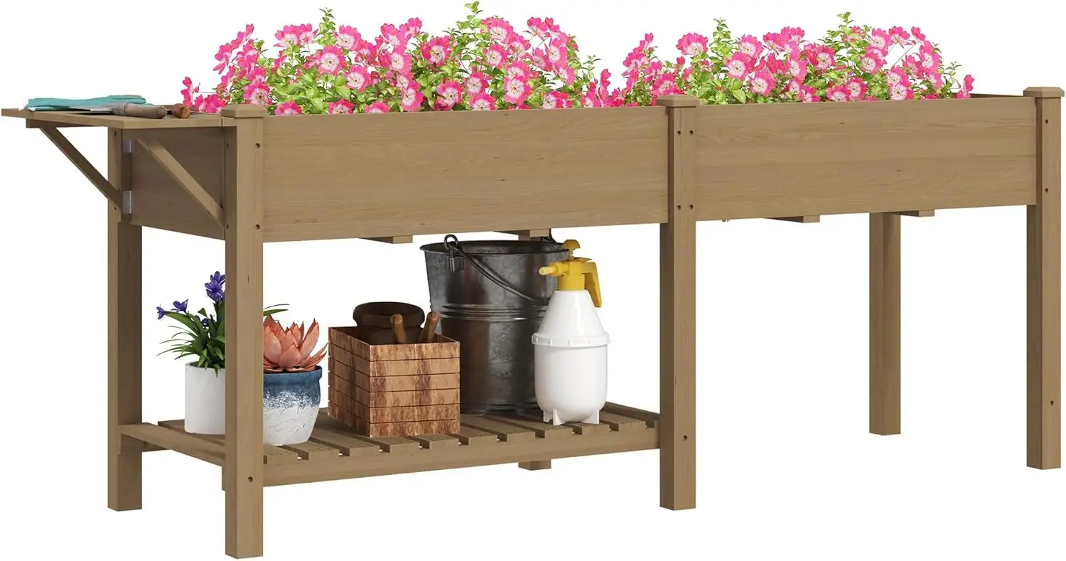 

Raised Garden Bed, Wood Elevated Planter Box with Side Table, Bottom Shelf, Outdoor Raised Planter with Bed Liners, Drainage Hol