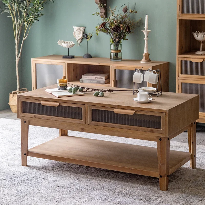 Nordic solid wood coffee table creative vintage log dining side table furniture sofa sideboard glass drawer rectangle