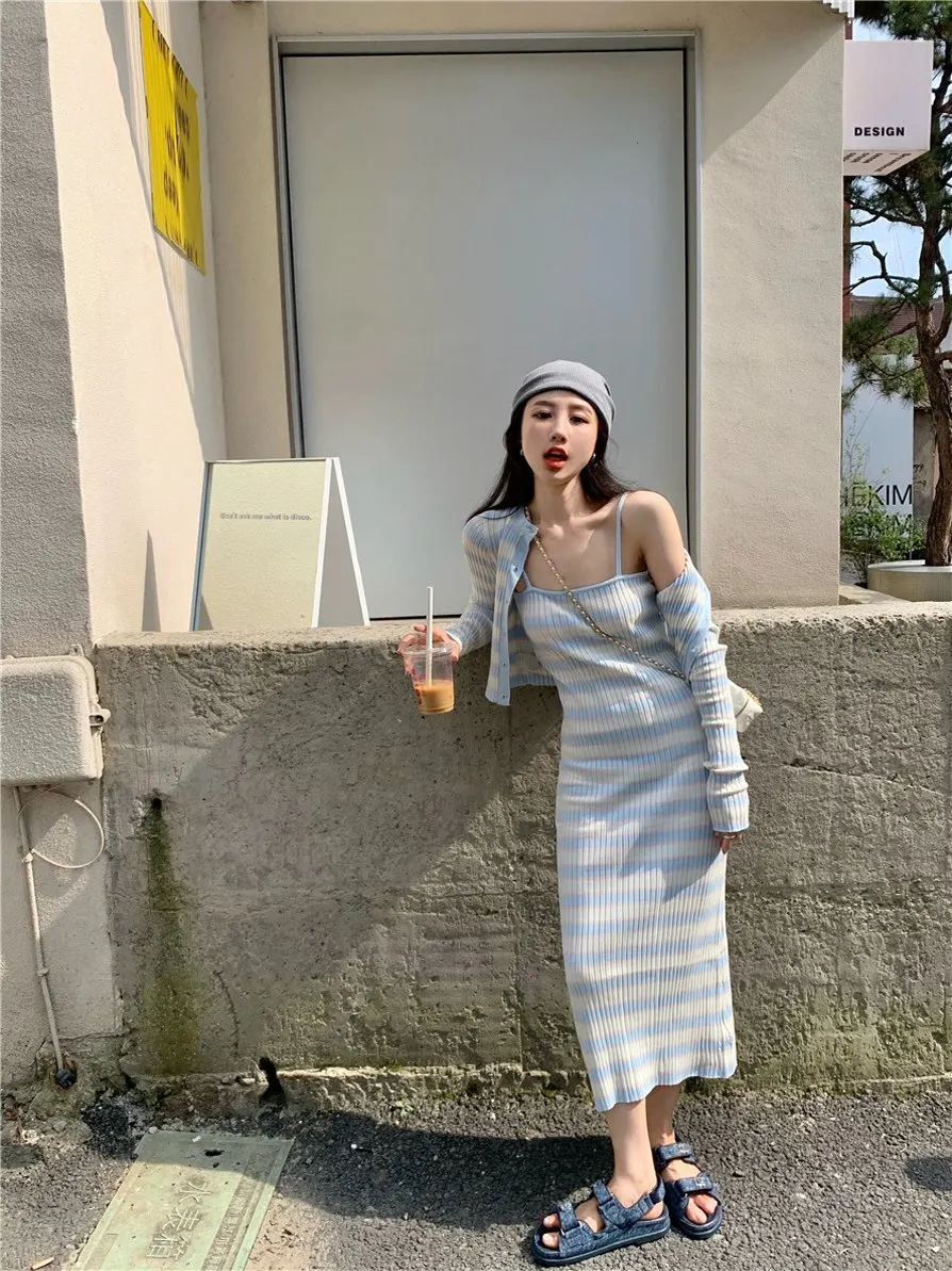 

Blue Striped Knitted Dress And Cardigan Set Women's Casual Style Two-Piece Suit Spring Autumn Fashion Long Dress Ensemble