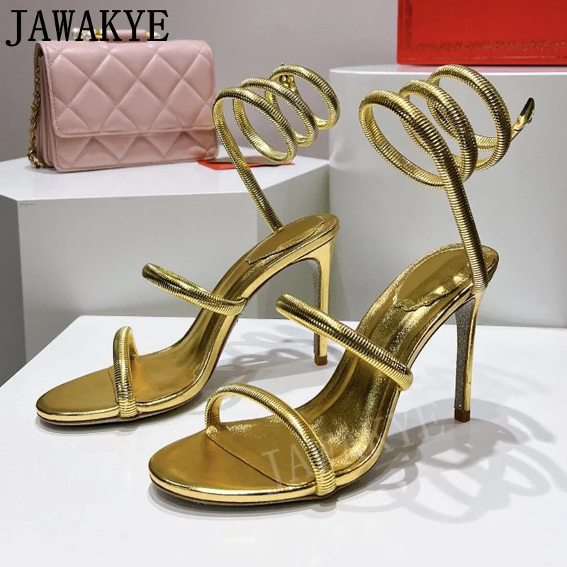 

Gold Gladiator Sandals 2024 Summer Sexy Party Wedding Shoes Women Open Toe Snake Shape Narrow Band Ladies High Heel Sandals