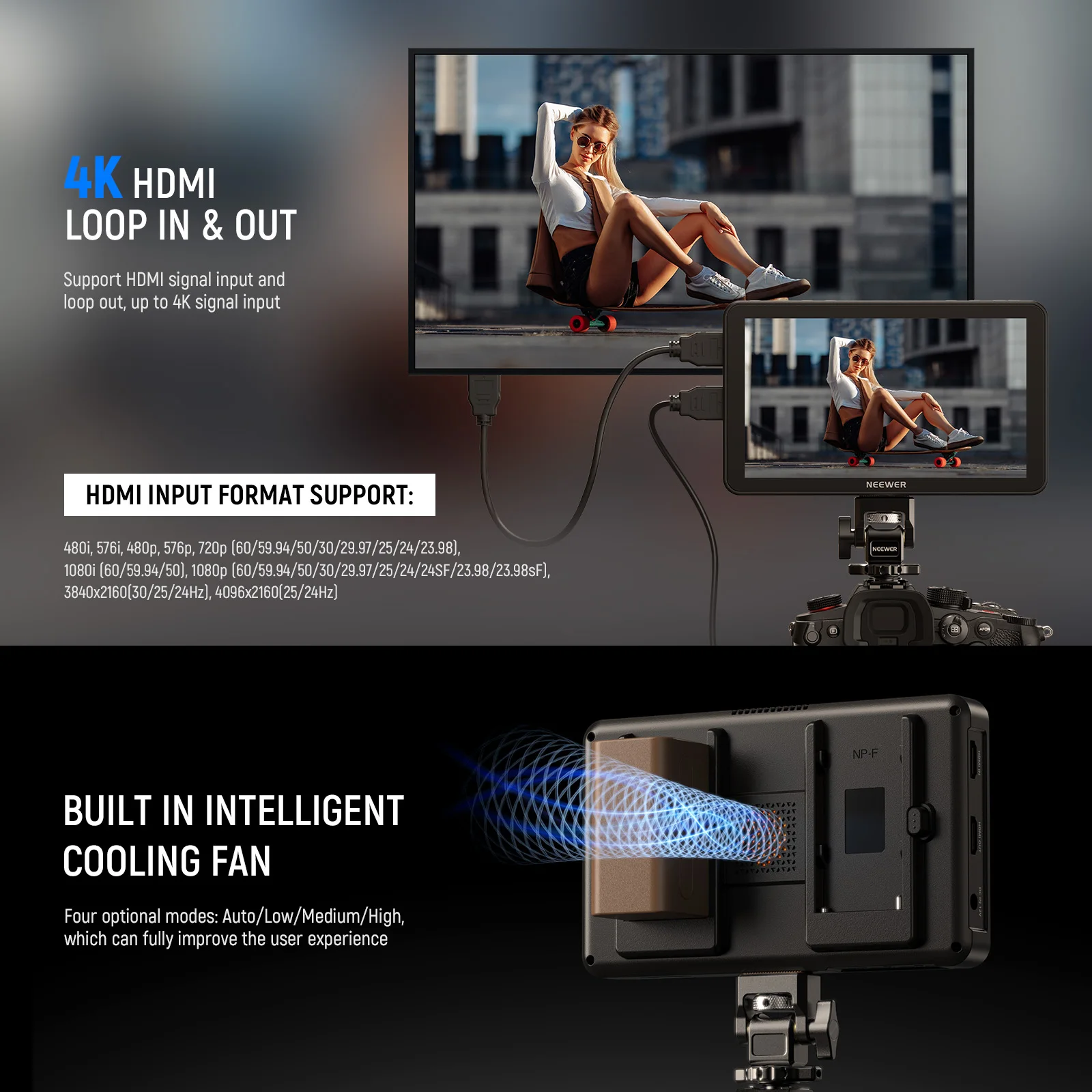 NEEWER F700 7' Camera Field Monitor, 4K HDMI Loop In/Out with Peak Focus DSLR Video Assist HDR Waveform, Cold Shoe Mount - view 4