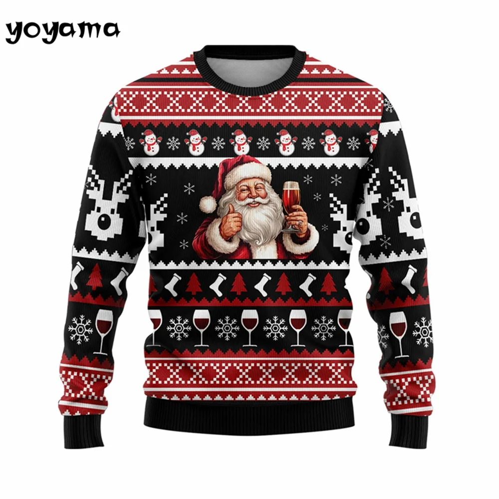 Red Wine Print Christmas Men's Clothing Funny Christmas Mens Long Sleeve Sweatshirt 3D Print Santa Claus Snowman Crewneck Hoodie