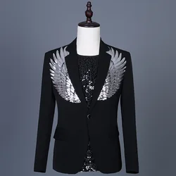 Men's Silver Glitter Sequins Wing Suit Jacket Singer Outfit Bar Nightclub Wedding Dress Clothing Party Prom Stage Dance Coats