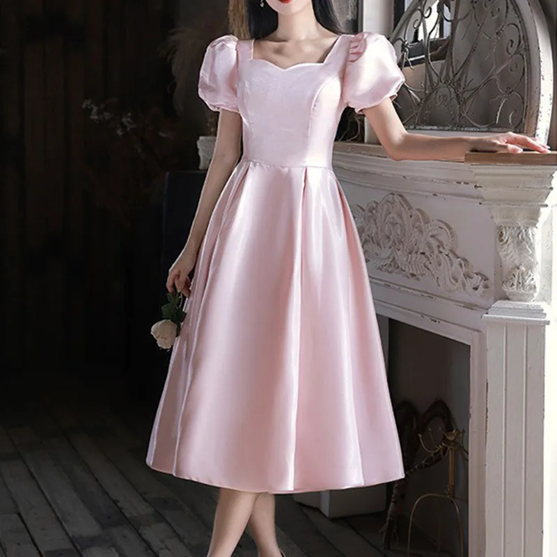 Pink Evening Dress for Women, Simple French Puff Sleeves, Elegant Satin Princess Dresses, Mid-length Bridesmaid formal Dress