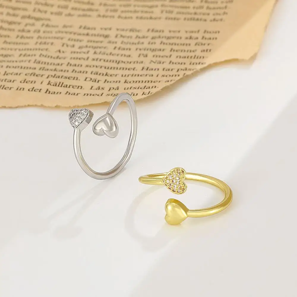 New Smooth Double Heart Shiny Zircon Love Ring Adjustable Finger Ring, Suitable For Women's Daily Wear Jewelry Gifts image 4