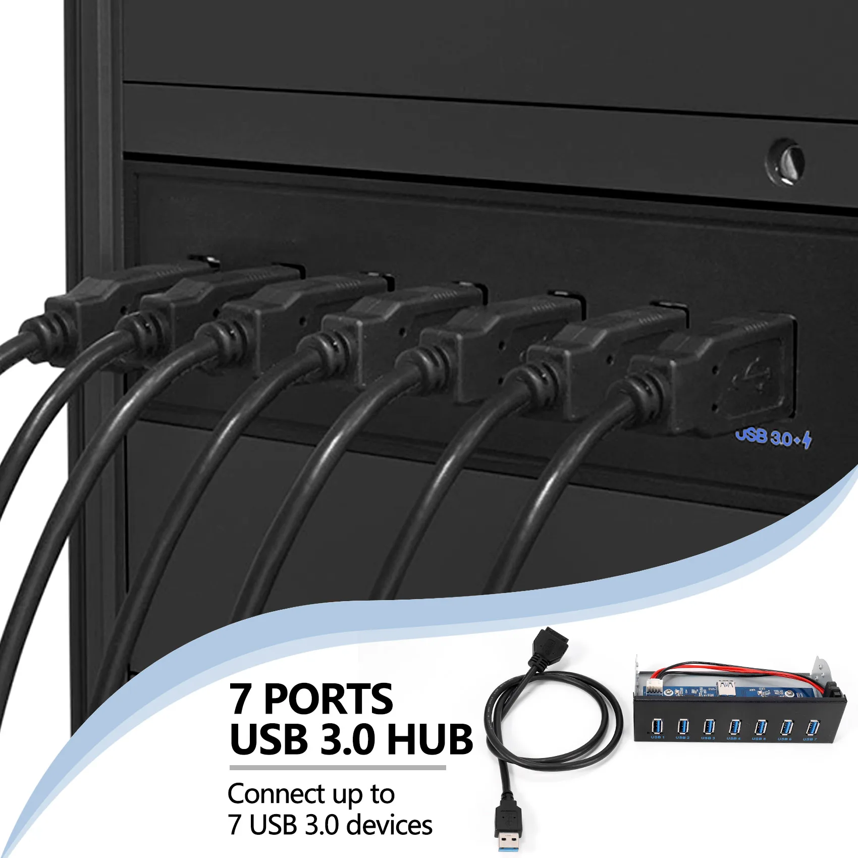 7 ports USB 3.0 airies 5Gbs 5.25 pouces baie de lecteur CD-ROM CD Dean panneau avant pour coque d'ordinateur + USB 3.0 19 broches en-tête à câble mâle type-a