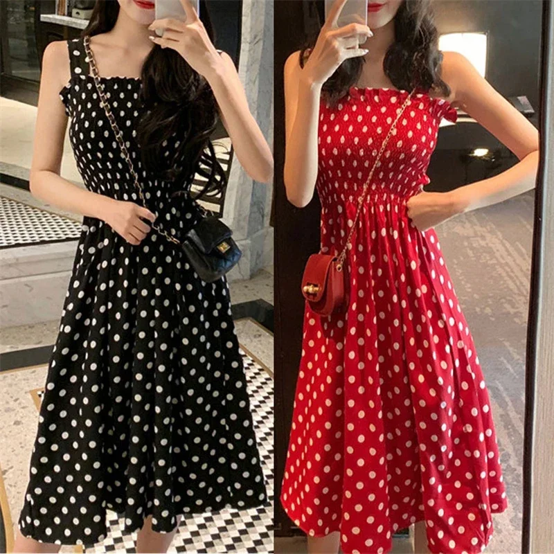 Damen Sommer Polka Dot Chiffon Langes Kleid Elegantes Quadratischer Ausschnitt Ärmelloses Kleid Lässige Damenkleider – Detail 15