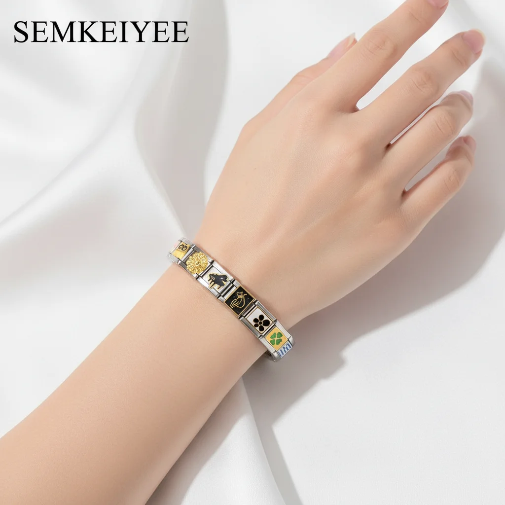 Personalized Stainless Steel Charm Bracelet with Cute Animal Flower Piano and Clover Charms for Unique Style Expression DIY Gift