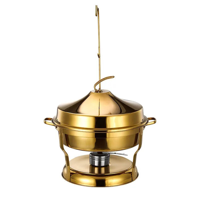 

Cross-border stainless steel gold buffet stove commercial round hotel thermal insulation breakfast stove hanging buffet stove