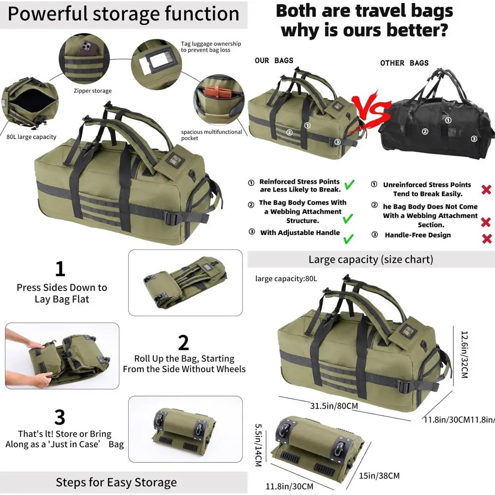 

Large 80L Wheeled Travel Dueling Bag with Adjustable Handle (Green)
