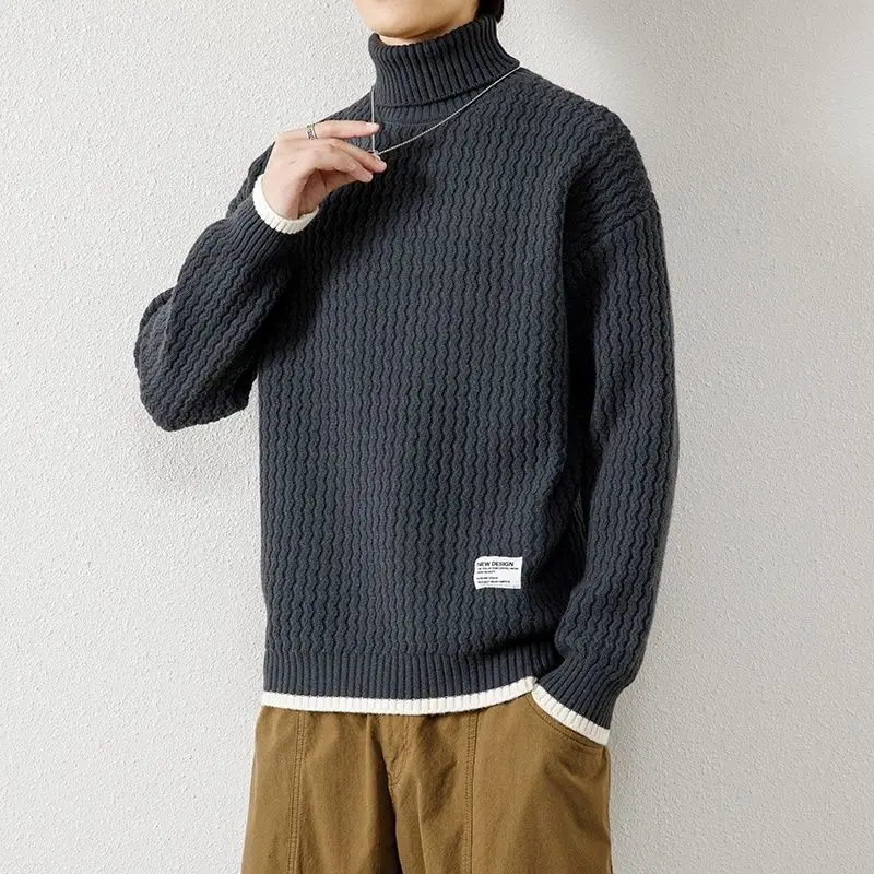 

Winter New Men's Loose Knitted Sweater Warm Casual Faionable American Sle Matching All Cotton Thiened Label Patchwork