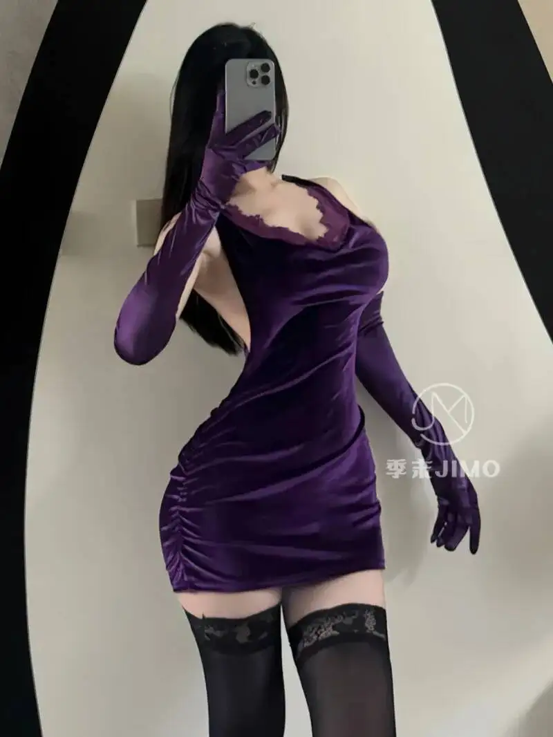 Elegant Alluring Purple Deep V Velvet Strap Bodycon Dress Pure Desire Swinging Neck Big Backless Sexy Sweet Mini Dress Y69V