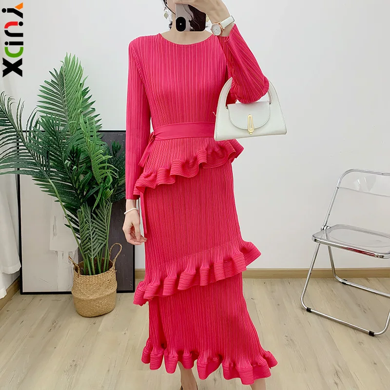 

Miyake Pleated Cake Dress Niche Design Sense Solid Color Splicing Fashion Temperament Slim Dress Ruffle Skirt 2023 Autumn New