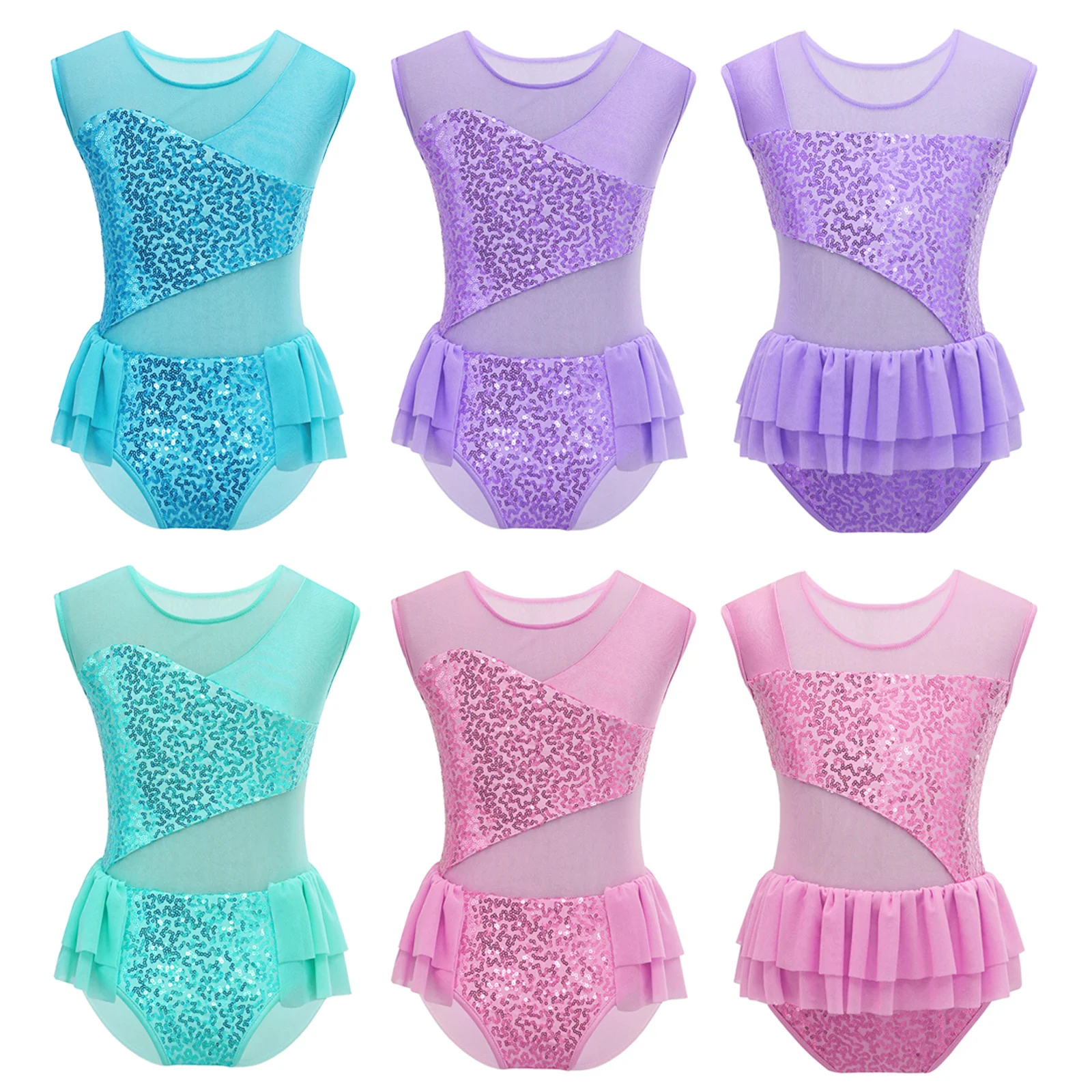 Kids Girls Sequins Ballet Dance Leotard Dress Ruffle Mesh Sports Gymnastics Workout Bodysuit for Stage Performance Dance Costume