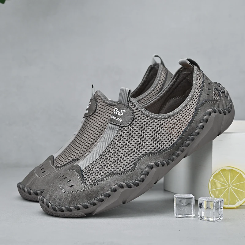 Men Summer Large Size Handmade Stitched Casual Leather Shoes Outdoor Luxury Design Octopus Fish Net Cloth Shoes