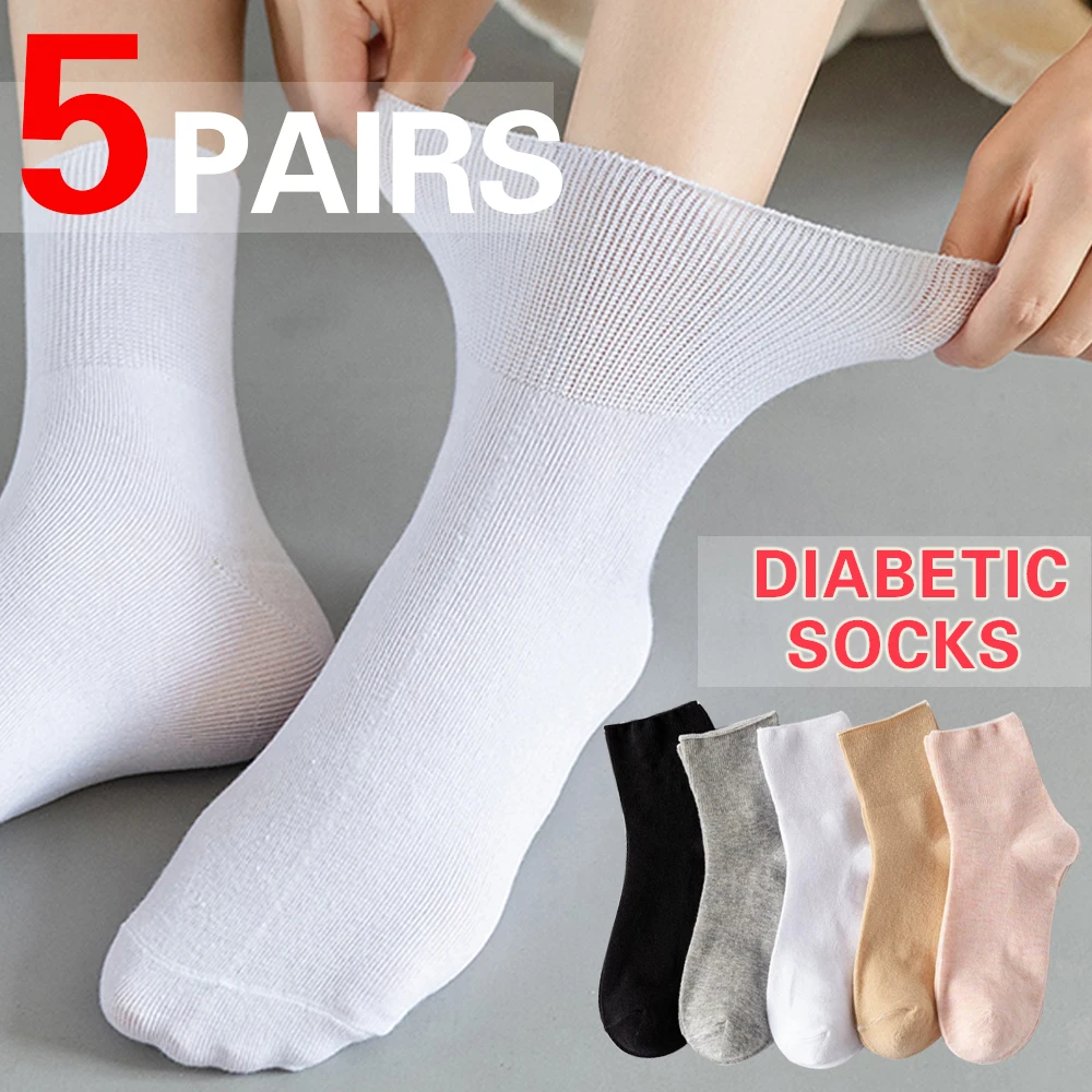 

5 пар носков для диабетиков без переплета для женщин, длинные носки для беременных и пожилых людей, удобные дышащие черно-белые носки для женщин