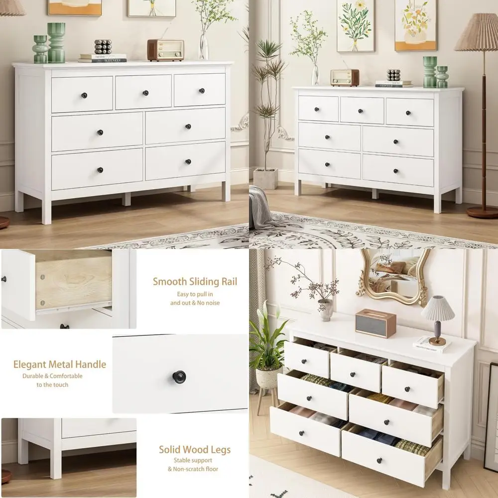 Modern 7-Drawer Wood Chest for Bedroom, 47-Inch Wide Dresser with Black Handles and TV Stand Feature