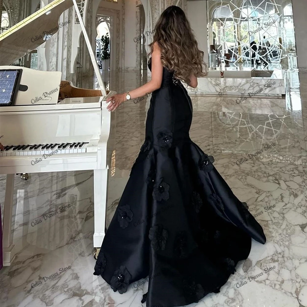 Elegant and Formal Black Mermaid Evening Dress 2024 Woman Handmade Flowers Sleeveless Prom Gowns Saudi Arabia Vestido De Festa