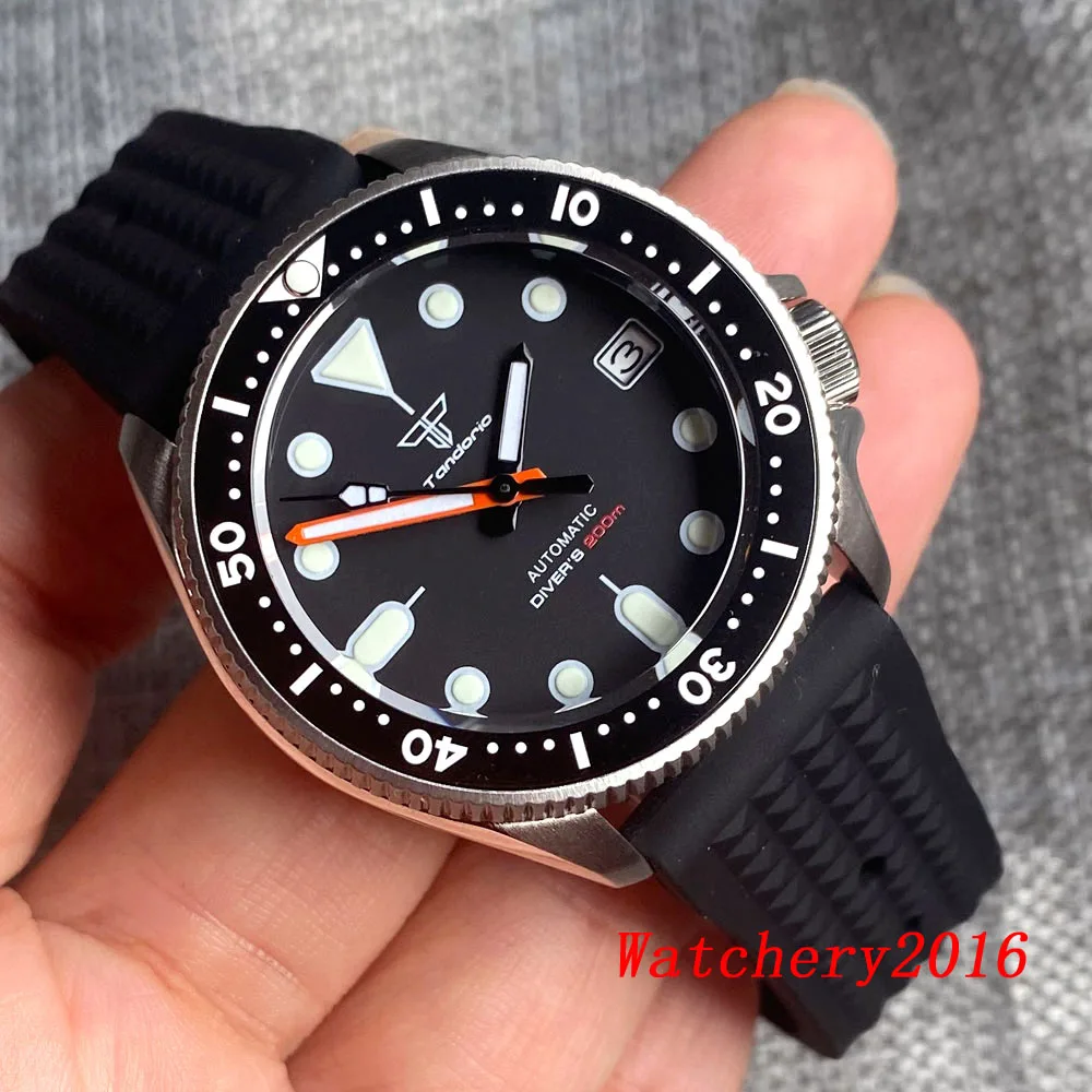 New Tandorio Sapphire Glass 20ATM Waterproof NH35A Automatic Movement Black Dial Luminous Mens Watch Rubber Strap Orange Hands