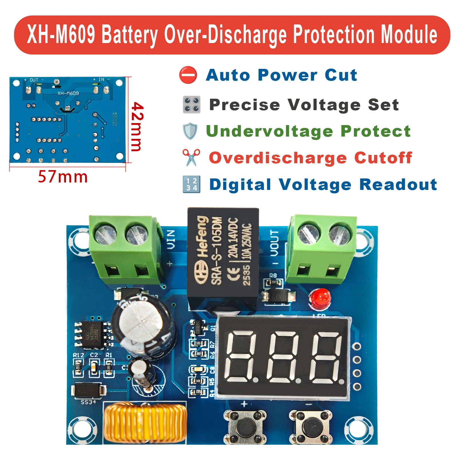XH-M609 Battery Over-Discharge Protection Module 12V-36V Undervoltage Cutoff Board Digital Display Adjustable for Lead Acid Li