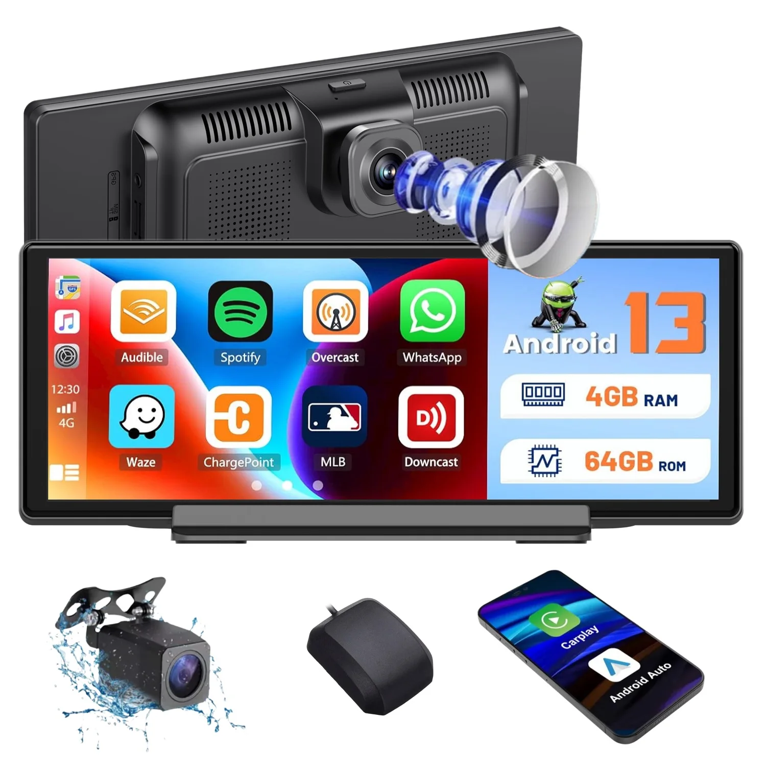 

10.3'' Touchscreen 4G ADAS Android13 Driving Recorder With Carplay/Auto Multimedia Player Windshield Front and Rear Dash Cam