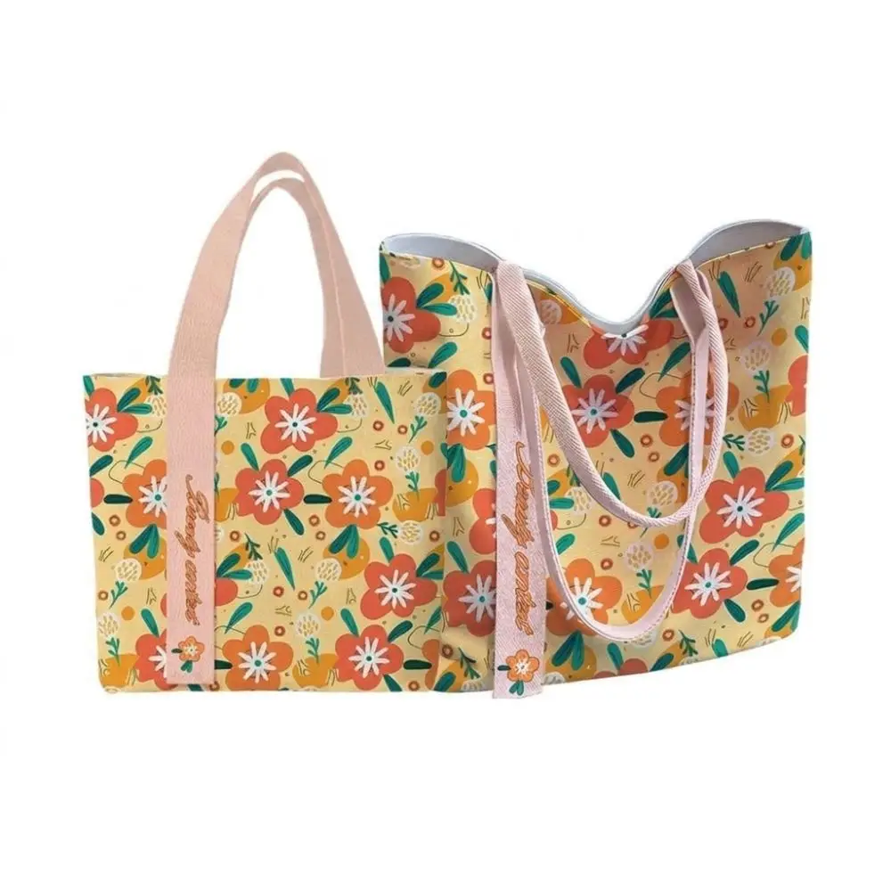 Cute Orange Flower Print Canvas Bag Large Capacity Reusable Shoulder Bag Versatile Lightweight Lunch Bag Work