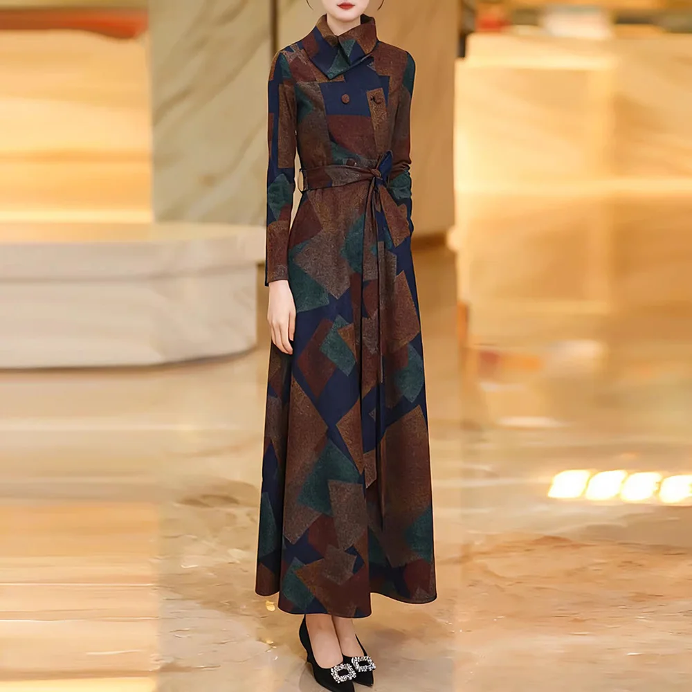 

New Women Simplicity Vintage Long Dress Autumn Winter Fashion Chic Scarf Collar Long Sleeve High Waist Dress Elegant Slim Dress