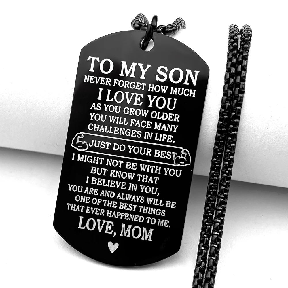 To My Son Dog Tag Chain Stainless Steel Black Inspirational Quote Pendant Mom Dad Love Birthday Graduation Gift Necklace Jewelry