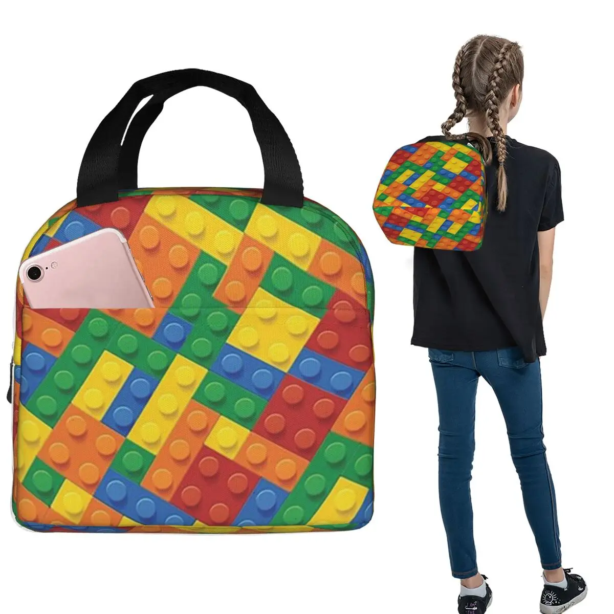 

Colorful Bricks Blocks Toys Design Insulated Lunch Bag for Women Kids Portable Food Boxes Thermal Lunch Box Tote