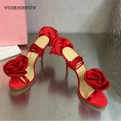 Fashion 3D Flower Decor Sexy High Heel Women Sandals Silk Satin Summer Shoes Crystal One Strap Open Toe Lady Party Wedding Shoes