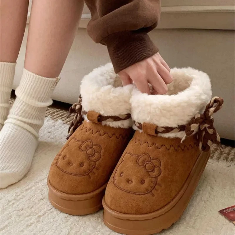 2024 New Sanrio Hello Kitty Snow Winter Girl Plush Booties Keep Warm Slippers Shoes Non-Slip Sneakers Outdoor Warmth Snow Boots