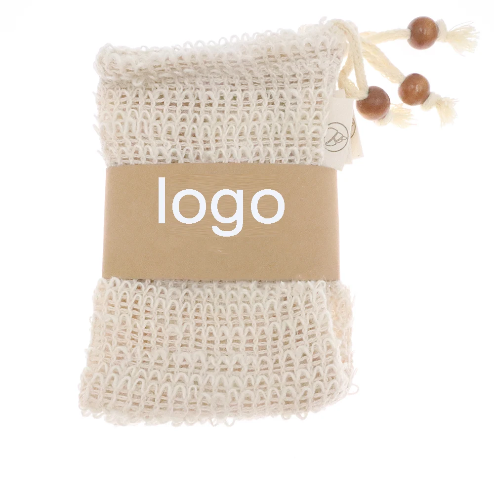 Aangepast logo Biologisch afbreekbaar Eco-vriendelijk Natuurlijk exfoliërend bad Sisal Zeep Net Mesh Tasje met trekkoord Sisal Zeepzak