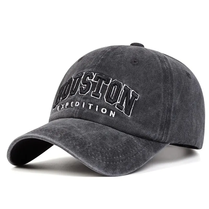 Unisex HOUSTON Letter Embroidery Wash Baseball Caps Spring and Autumn Outdoor Adjustable Casual Hats Sunscreen Hat