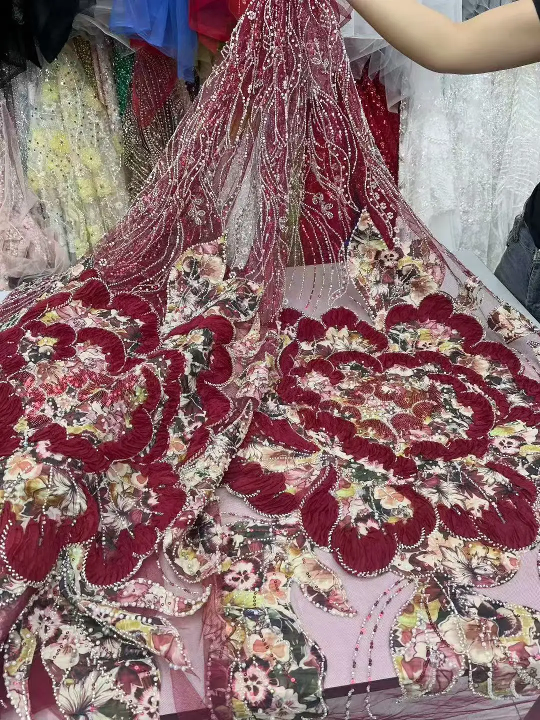 

African Lace Fabric Embroidered Sequined Nigerian Lace Fabrics 3D Flowers High Quality French Tulle Lace Fabric for Dress