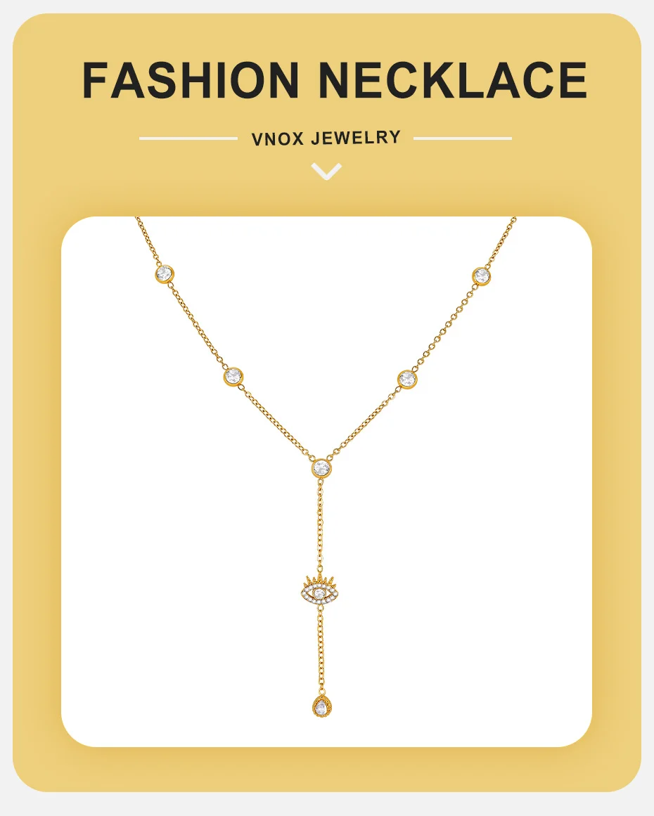 Vnox Trendige Kubische Zirkonia Böses Auge Halskette für Frauen, Vergoldet, Runde CZ Y-Form Lange Kette Anhänger Halskette, Alltagsschmuck – Detail 1