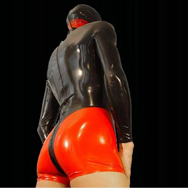 Latex Mask Rubber Red and Black Boxer Jumpsuit Long Sleeve Suit With Zipper Size XXS-XXL