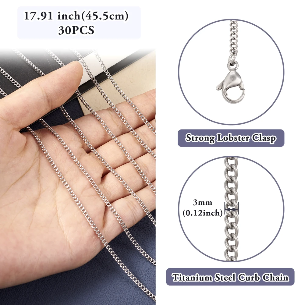 30pcs Titanium Steel Curb Chain with Lobster Claw Clasp for Men Women Necklace Bracelet DIY Jewelry Making Supplies 45.5cm long