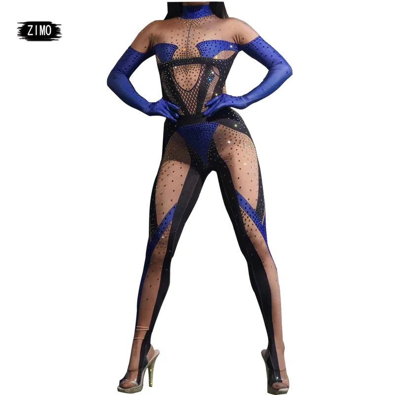 

sexy blue pink rhinestones jumpsuit women Nightclub print Leotard Dance Costume birthday party pole bar Singer drag queen stage