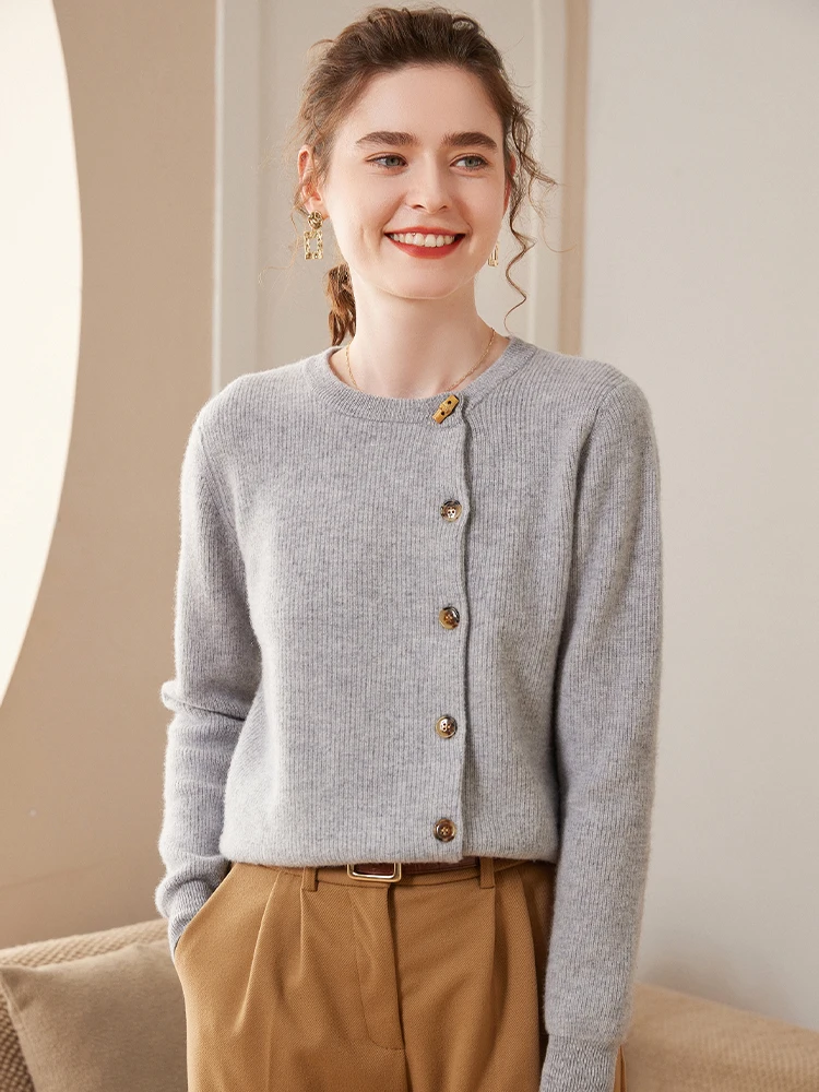 Ladies 100%Cashmere Cardigan O-Neck New Large Size Coat Knit Base Shirts Winter Spring Wild Thick Wool Sweater Women Jacket