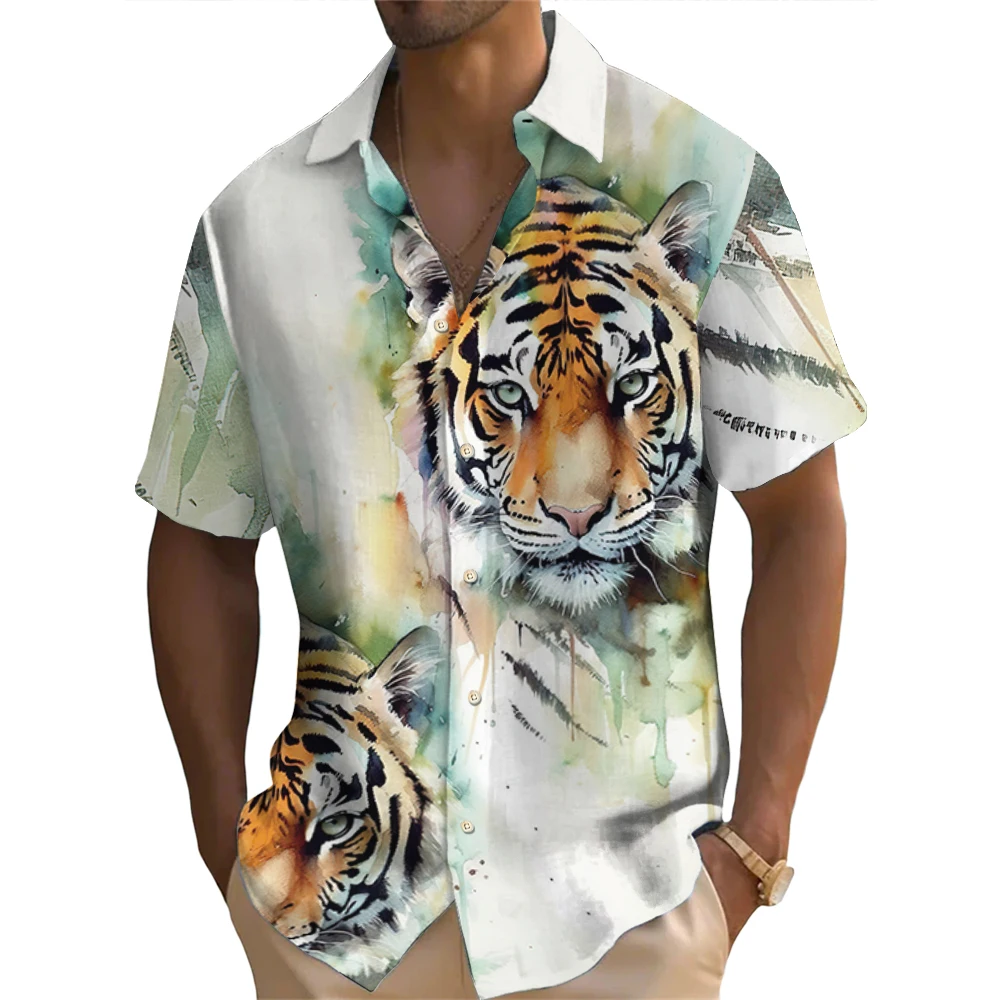 3d Tiger Print Men\'s Shirts Retro Casual Hawaiian Shirts For Mens Short Sleeved Fashion Male Clothing Oversized Shirt Tops 2024